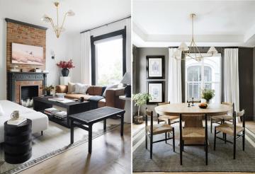 Contemporary spaces with mixed rug styles: jewel-toned living room and sage dining room showcasing layered pattern coordination