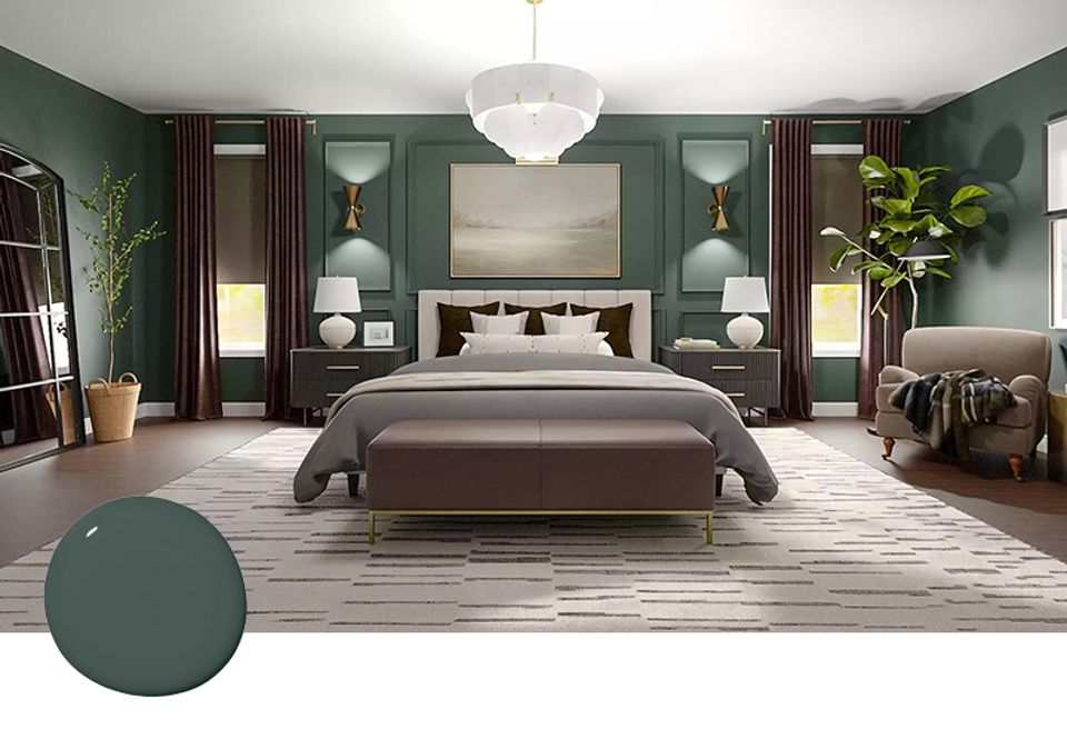 Sophisticated forest green bedroom with dark wood accents, neutral bedding, and paired nightstands evoking calm luxury