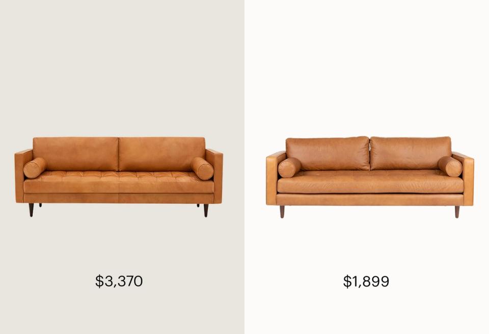 Mid-century modern leather sofas in warm cognac caramel with wooden tapered legs and rolled arms