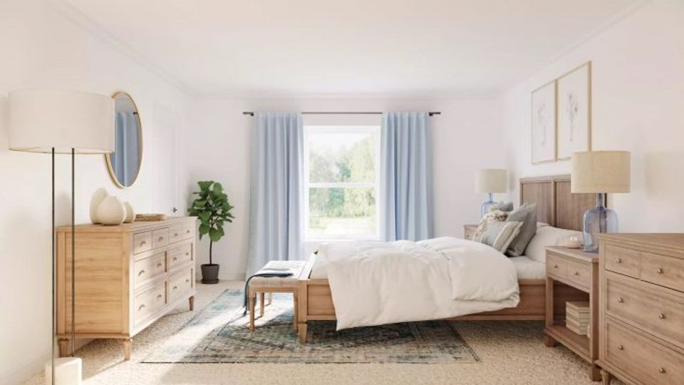Warm Scandinavian bedroom featuring light wood furniture, soft blue curtains, and serene neutral tones