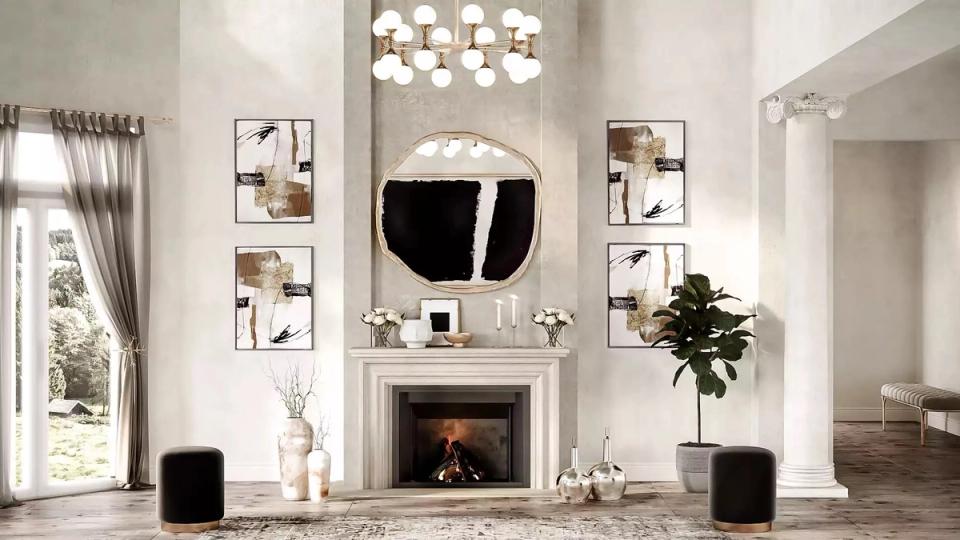 Modern minimalist fireplace with oversized black mirror, gallery wall, and neutral palette with sculptural pendant lighting