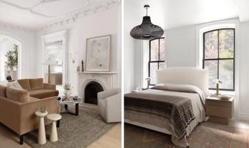 Warm neutral farmhouse split with cozy living room and serene bedroom featuring coordinated natural fiber rugs