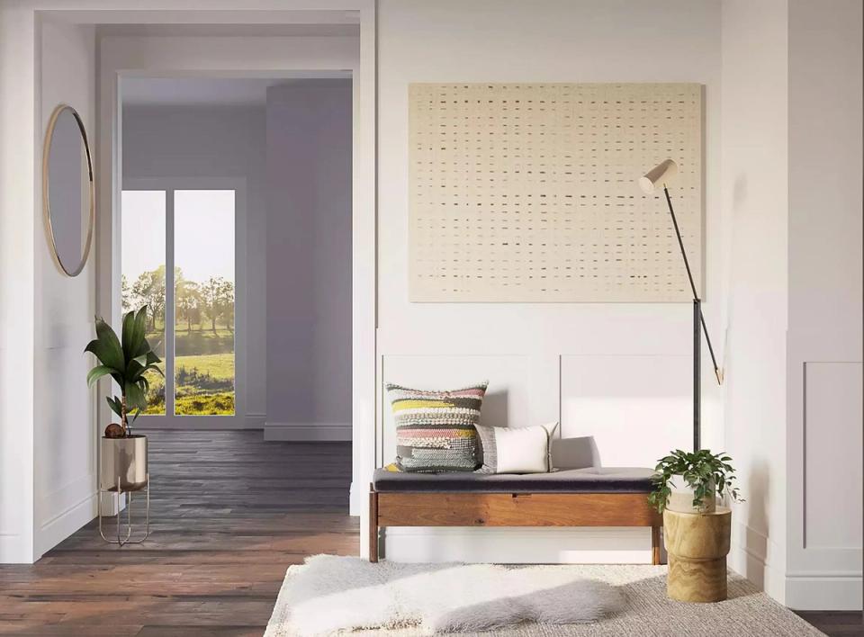 Japandi entryway with natural wood, woven wall art, and organic sculptural floor lamp