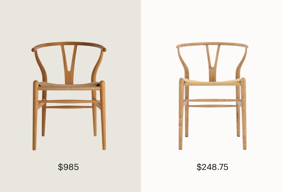 Mid-century modern wishbone chairs in natural wood with Y-shaped backs, comparing luxury and budget versions