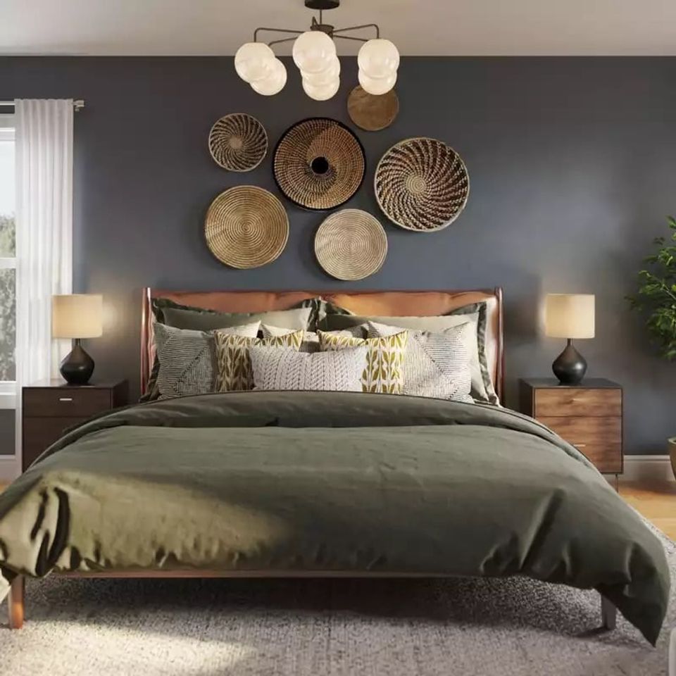 Moody charcoal bedroom with warm wood bed frame, sage green bedding, woven basket wall art, and brass pendant lighting