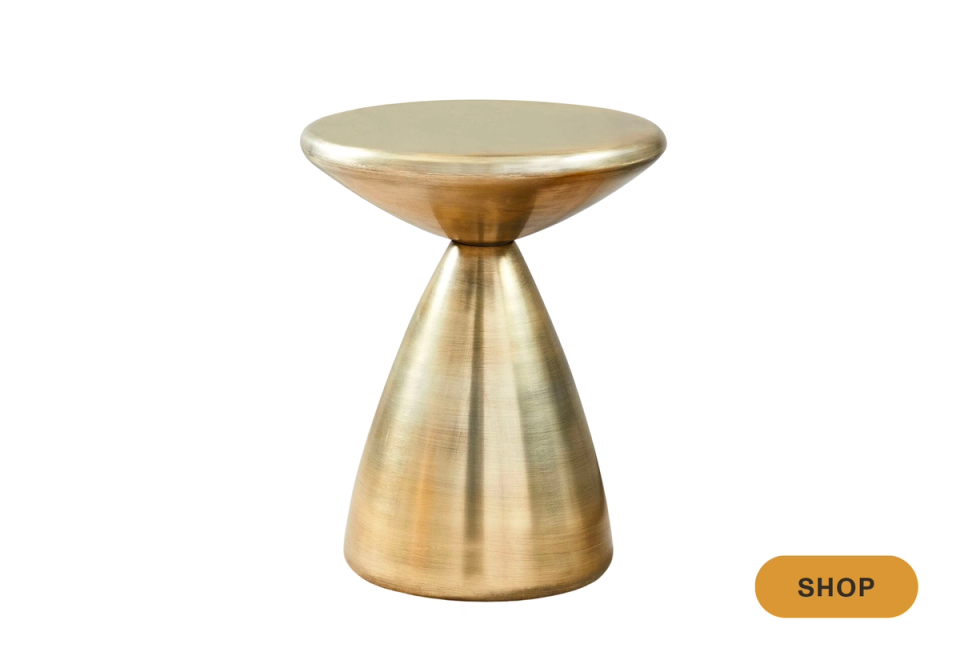 Glamorous brushed brass martini table with sculptural cone pedestal and polished top