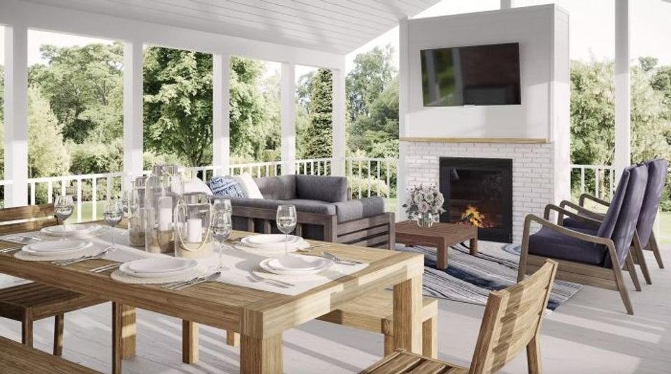 Bright sunroom with fireplace, wood beam ceiling, and all-white aesthetic