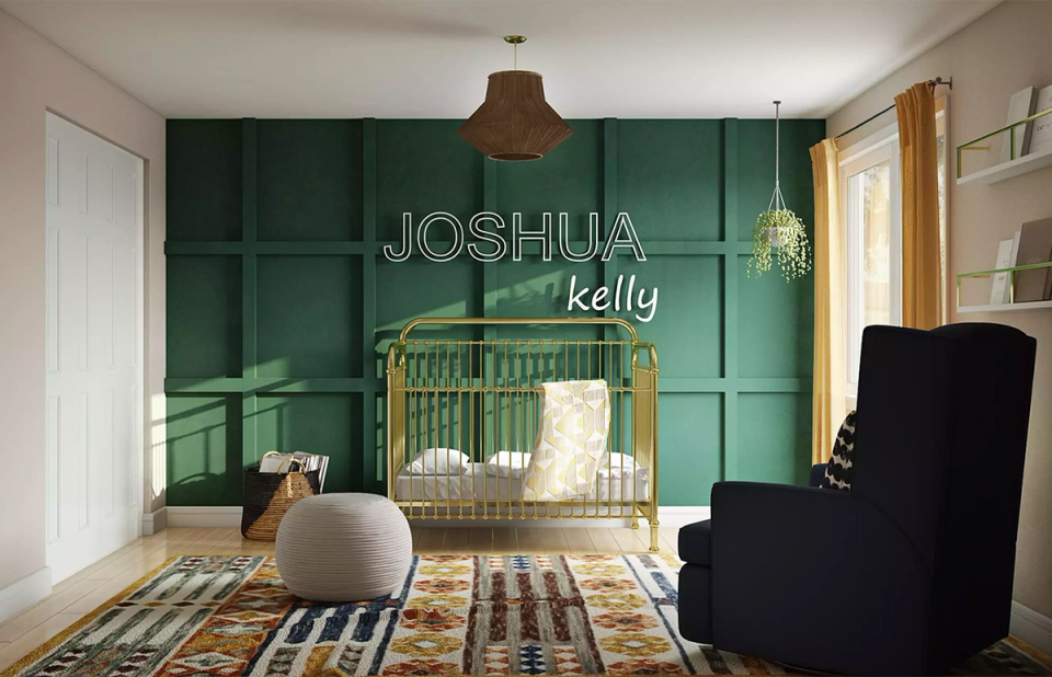 Nursery with deep forest green paneled walls, brass crib, geometric rug, contemporary nature-inspired design