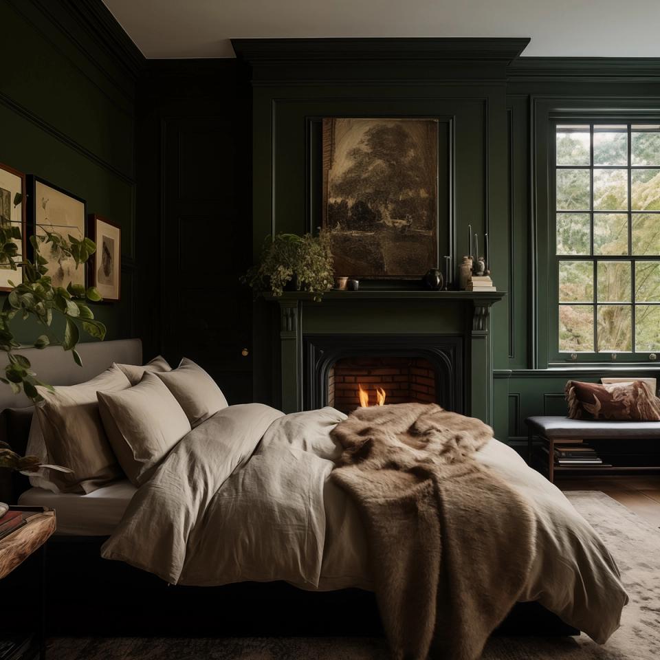 Moody primary bedroom with deep green walls, fireplace, cream bedding, and landscape art creating a cozy, nature-inspired retreat.