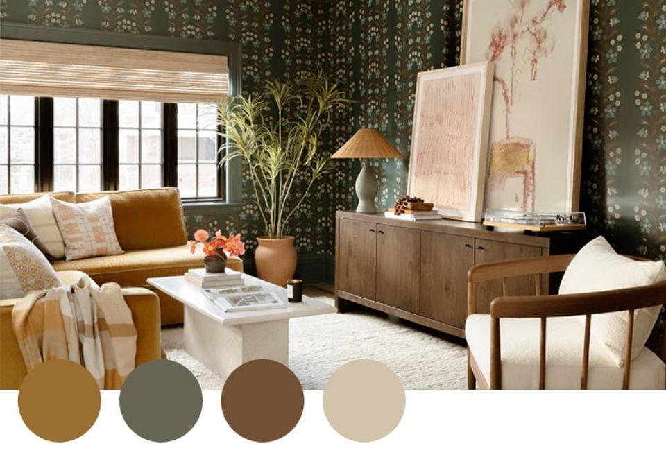 Global-inspired bohemian space with dark patterned walls, mustard and caramel tones, artisanal warmth