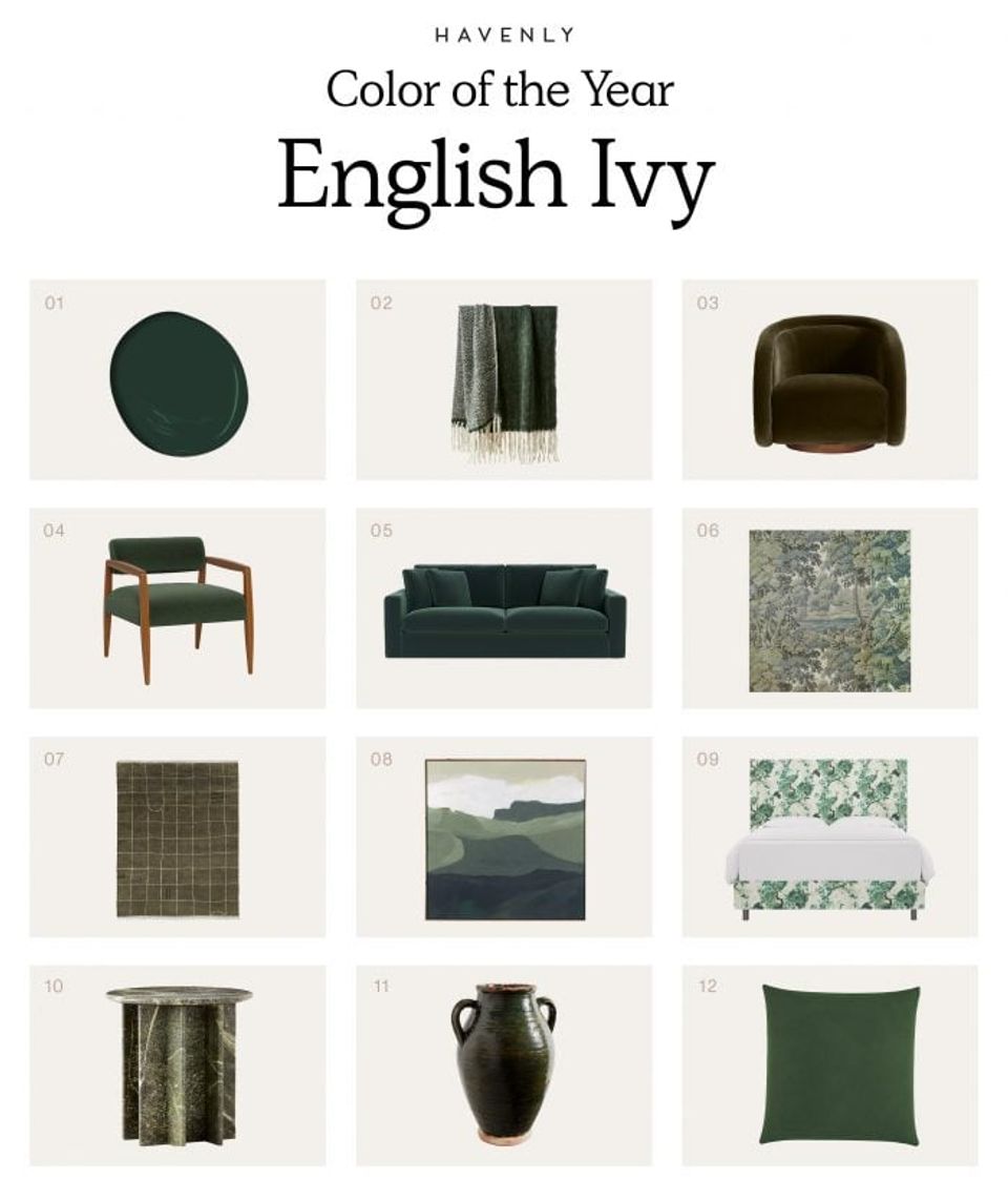 Havenly's 2024 Color of the Year palette: English Ivy green with coordinating furniture, textiles, and decor showcasing versatile design applications.