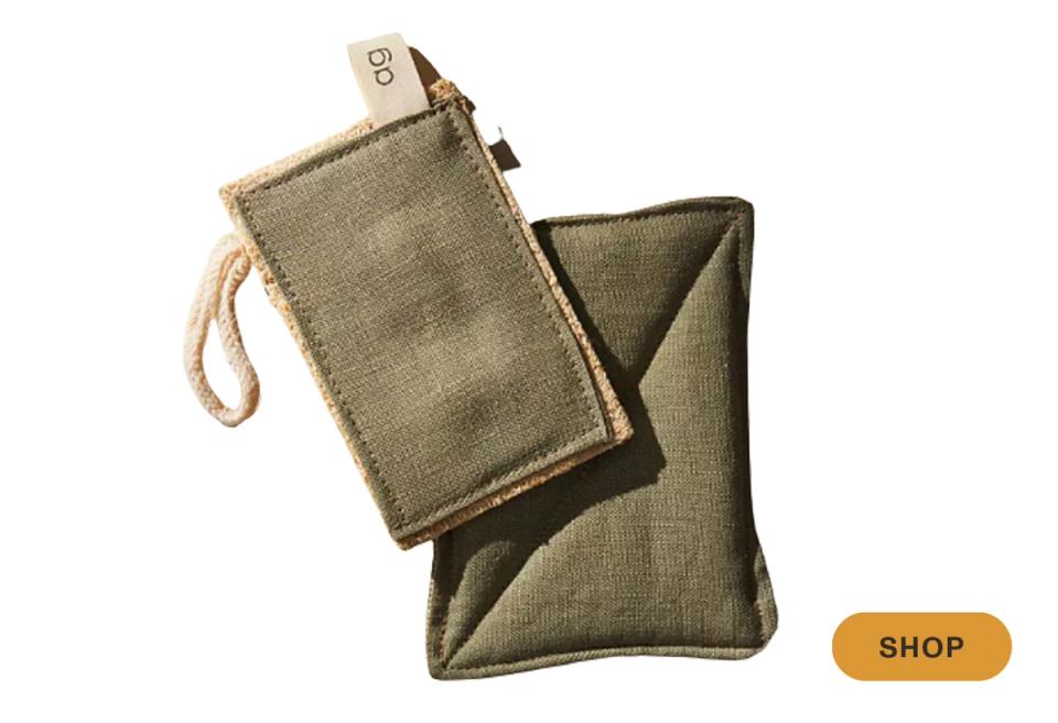 Sage green linen cleaning cloths with rope handles, eco-friendly minimalist design