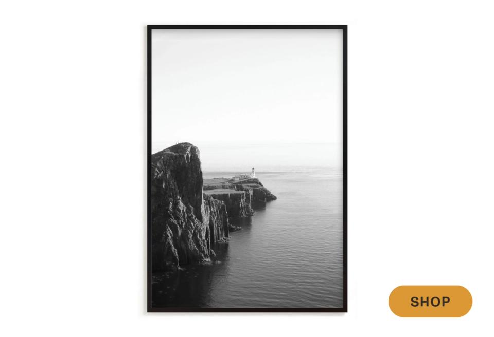 Minimalist black-framed black and white coastal landscape photography