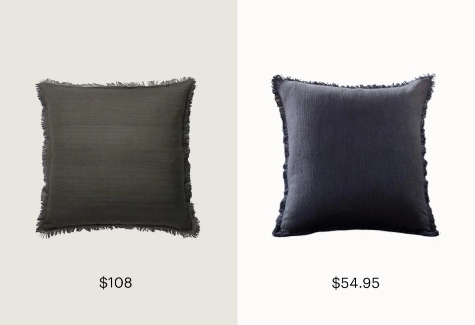 Textured throw pillows in deep jewel tones with frayed edges and contemporary casual aesthetic