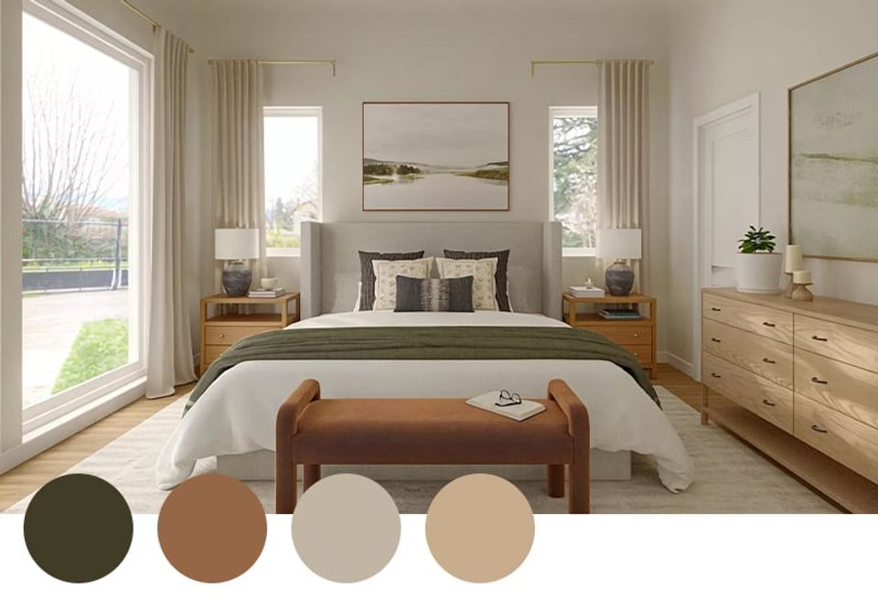 Serene modern bedroom in soft neutrals and warm wood tones with minimalist lines and natural light creating a calm, restful sanctuary.