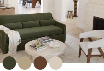Modern organic room featuring forest green sofa, warm wood, cream, and earthy brown tones in calm palette
