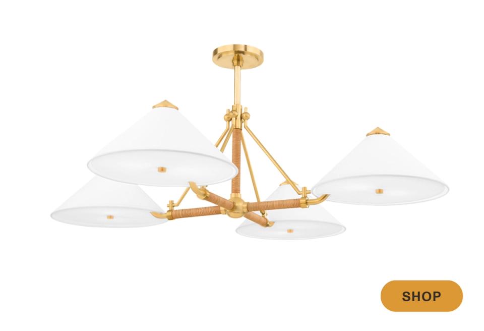 Mid-century modern brass chandelier with white dome shades and geometric arms
