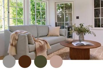 Warm mid-century modern living room with sage green, earthy browns, and natural wood furnishings