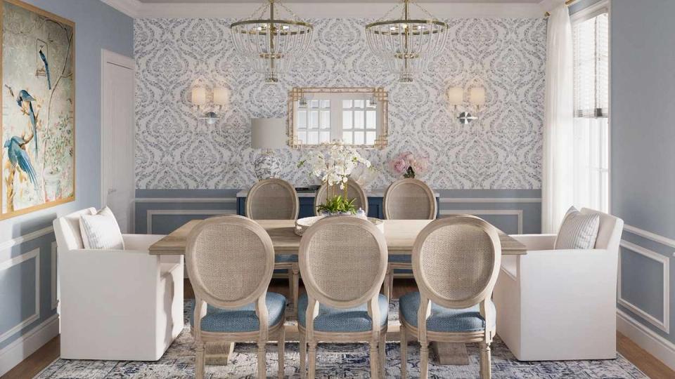Elegant dining room with geometric wallpaper, medallion chairs, and formal coastal aesthetic
