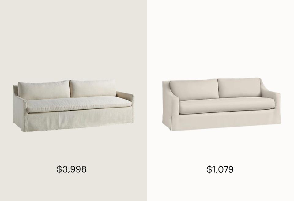 Neutral linen slipcovered sofas with clean lines, showcasing classic modern upholstery in two price points