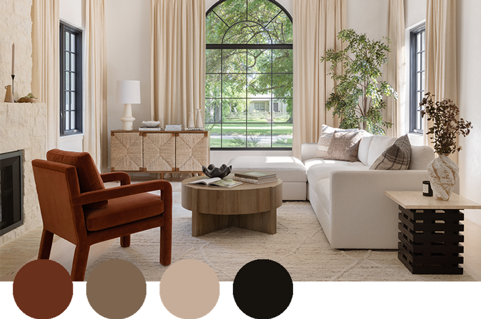 Sophisticated living room pairing terracotta accents, cream upholstery, and neutral minimalism.
