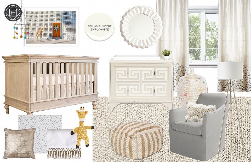 Calm contemporary nursery design with cream palette, woven accents, geometric mirror, and soft furnishings.