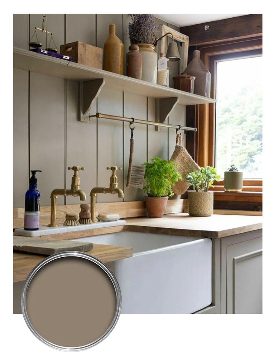 Warm taupe kitchen with open shelving, vintage glass bottles, potted plants, and natural wood accents creating an earthy, collected aesthetic.