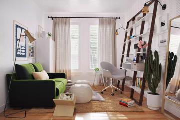 Eclectic modern living room with black sofa, green accents, botanical styling, bright