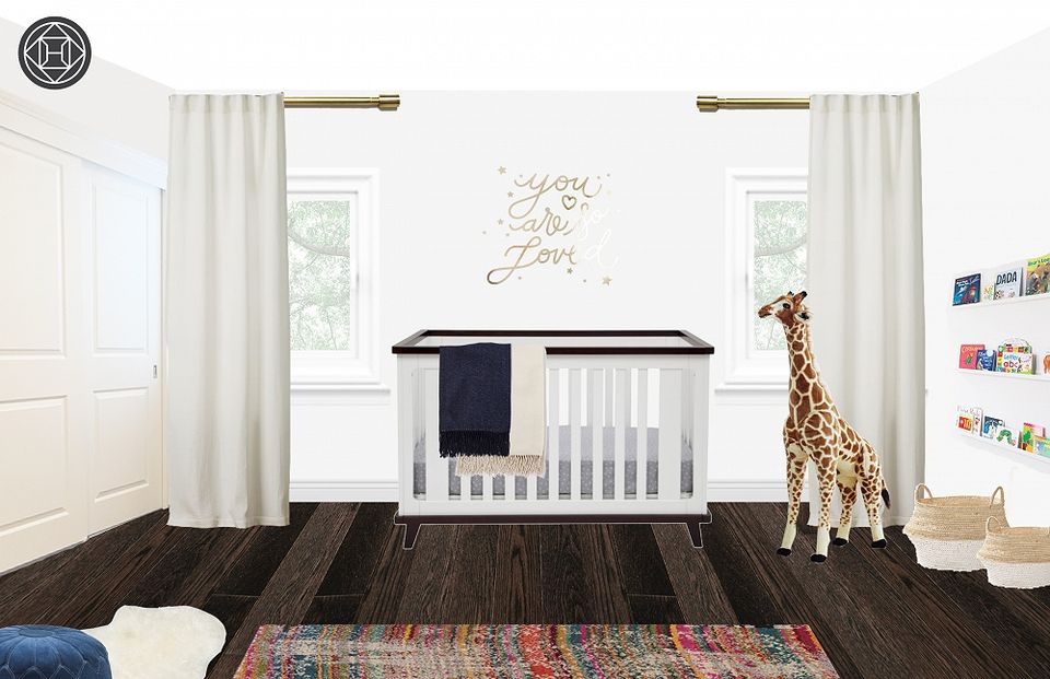 Airy safari nursery with white crib, giraffe statue, cream curtains, and woven accents