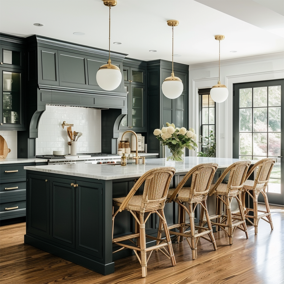 Dark green kitchen with white marble island, brass lighting, and woven bar stools