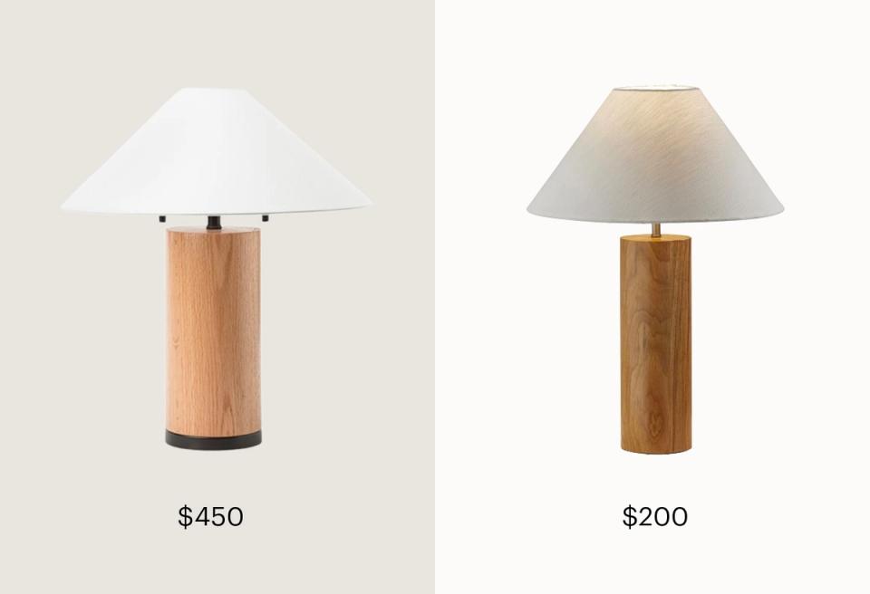 Warm wood cylindrical table lamps with minimalist cone shades in white and taupe