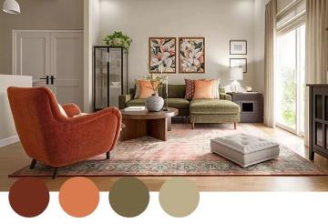 Contemporary sitting room blending rust, terracotta, and sage green tones with mid-century modern furnishings and botanical accents for a balanced, organic feel.