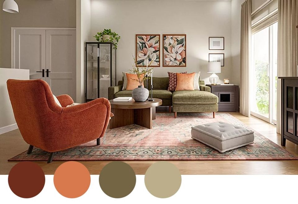 Contemporary sitting room blending rust, terracotta, and sage green tones with mid-century modern furnishings and botanical accents for a balanced, organic feel.