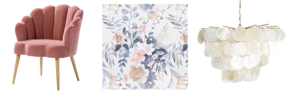 Blush velvet chair, blue floral fabric swatch, and cream feathered chandelier details