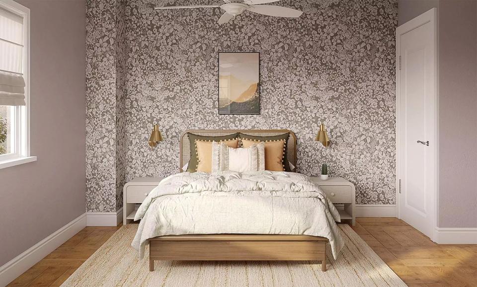 Serene bedroom with textured wallpaper, golden accents, and refined traditional Southern charm