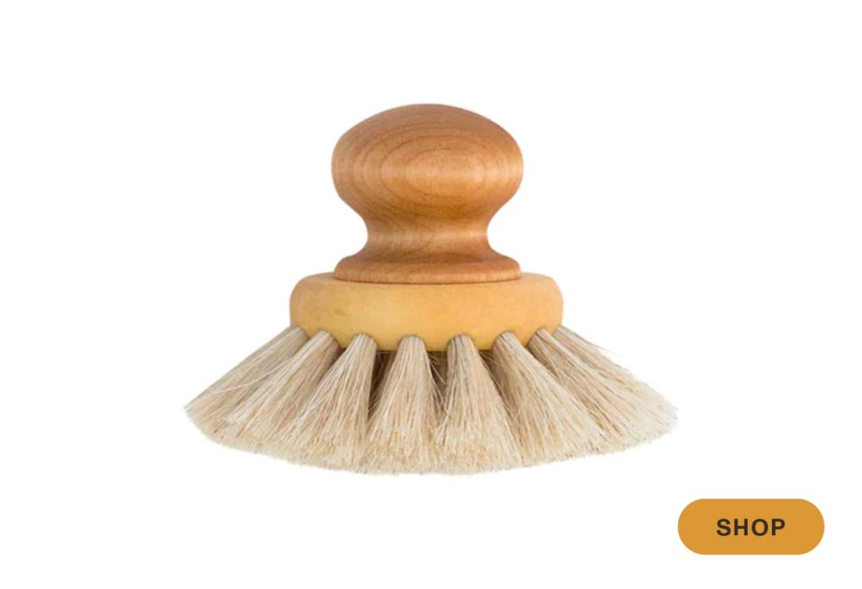 Natural wood-handled dish brush with natural bristles, rustic farmhouse style