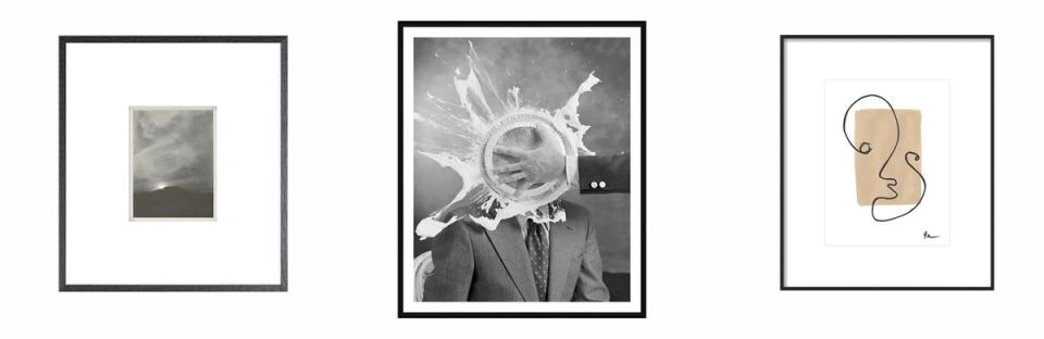 Three black-framed pieces: abstract landscape, vintage portrait, line drawing portrait