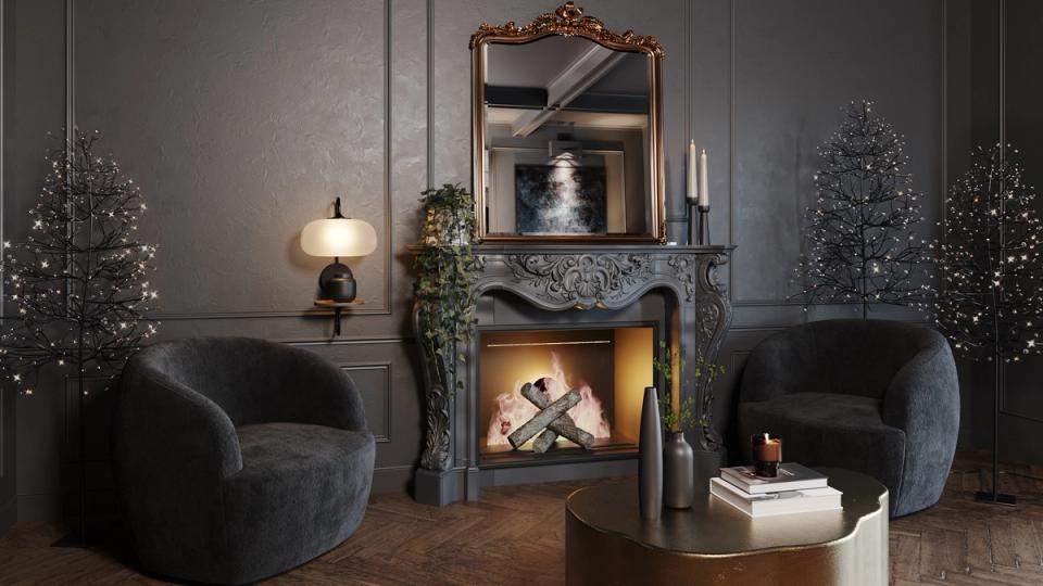 Elegant dark living room with fireplace, black armchairs, and subtle frosted botanical accents