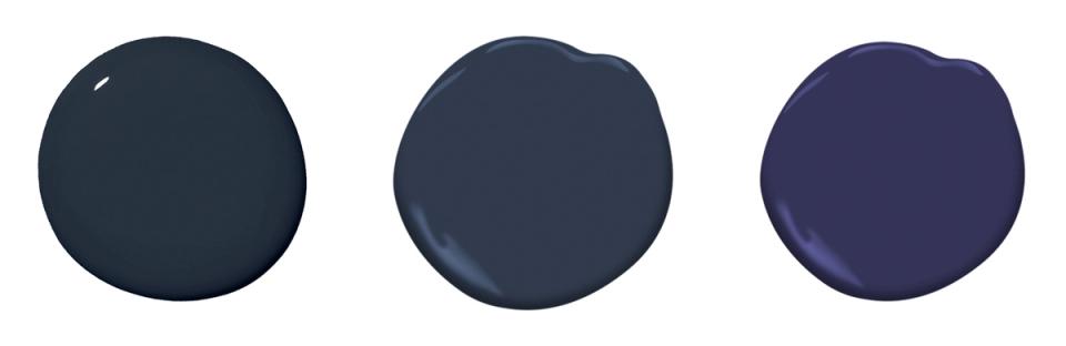 Three paint color swatches showing deep teal, slate blue, and navy blue tones