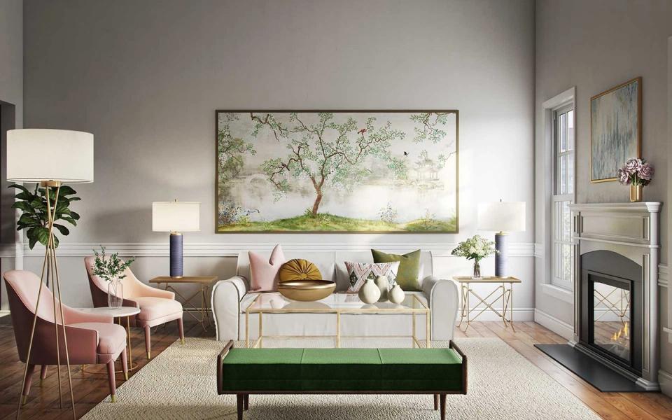 Refined living room blending soft greens with blush accents, nature artwork, transitional sophisticated atmosphere