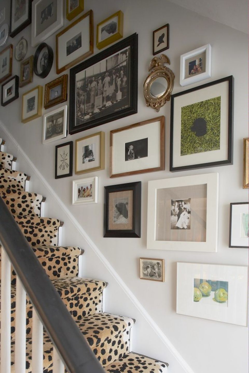 Gallery wall with mixed-frame styles in black, white, and brass featuring photographs and artwork above leopard-print stair runner