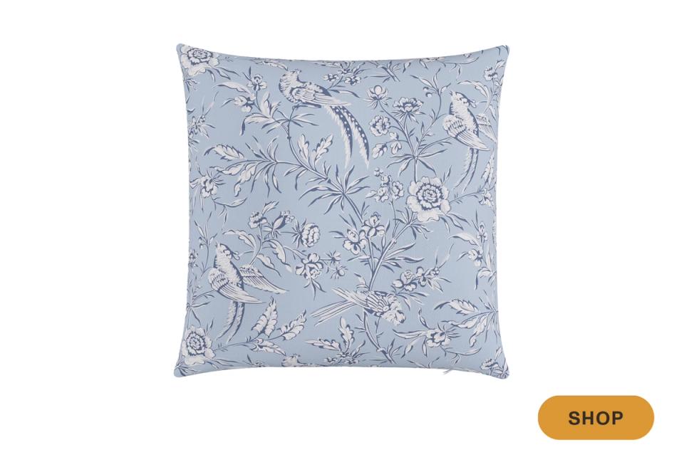 Soft blue pillow featuring delicate line-drawn botanical and bird illustrations