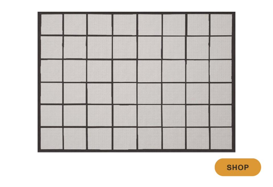 Minimalist outdoor rug with neutral grid pattern and dark border frame