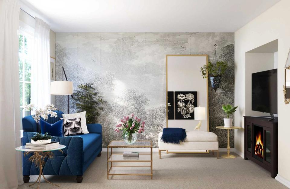 Contemporary living room blending soft marble wallpaper with navy velvet seating and natural wood for serene, balanced elegance.