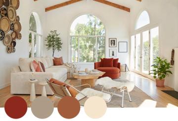 Mediterranean-inspired space with terracotta, warm tan, and cream tones, arched windows, and woven accents