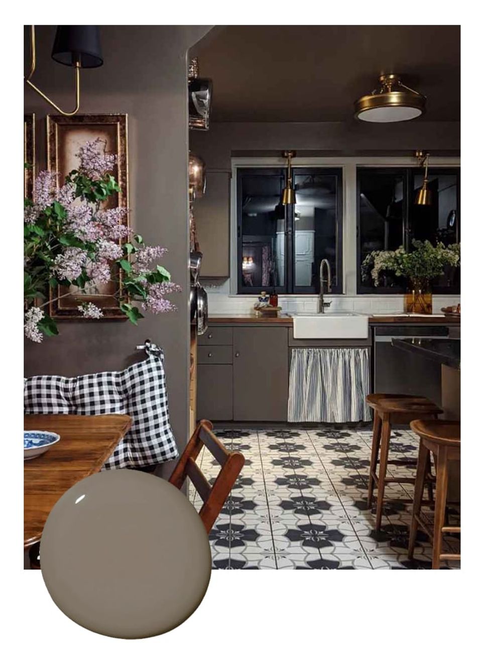 Warm taupe kitchen with dark ceiling, black-and-white patterned floor, and flowering plants creating a cozy, welcoming farmhouse aesthetic