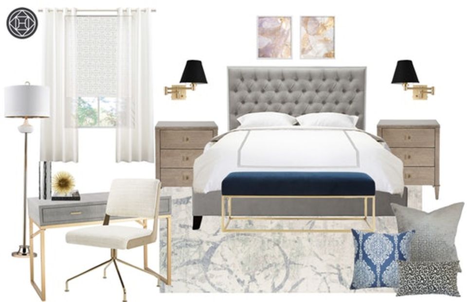 Contemporary bedroom with gray upholstered headboard, natural wood nightstands, and navy accents