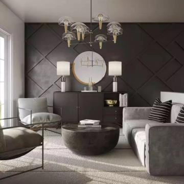 Geometric black accent wall living room with diamond paneling, modern brass chandelier, and neutral upholstered seating