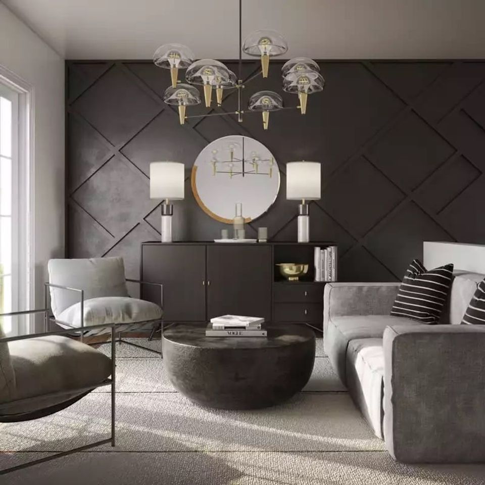 Geometric black accent wall living room with diamond paneling, modern brass chandelier, and neutral upholstered seating