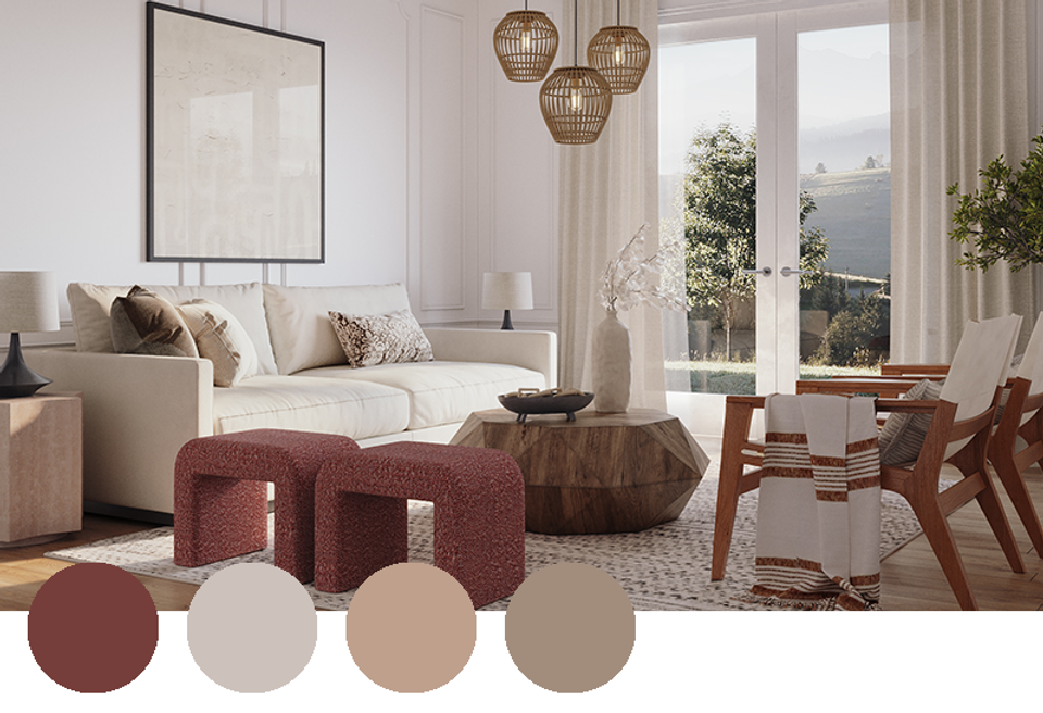 Modern living room blending burgundy, cream, and warm taupe with minimalist décor and sculptural brass pendant lighting
